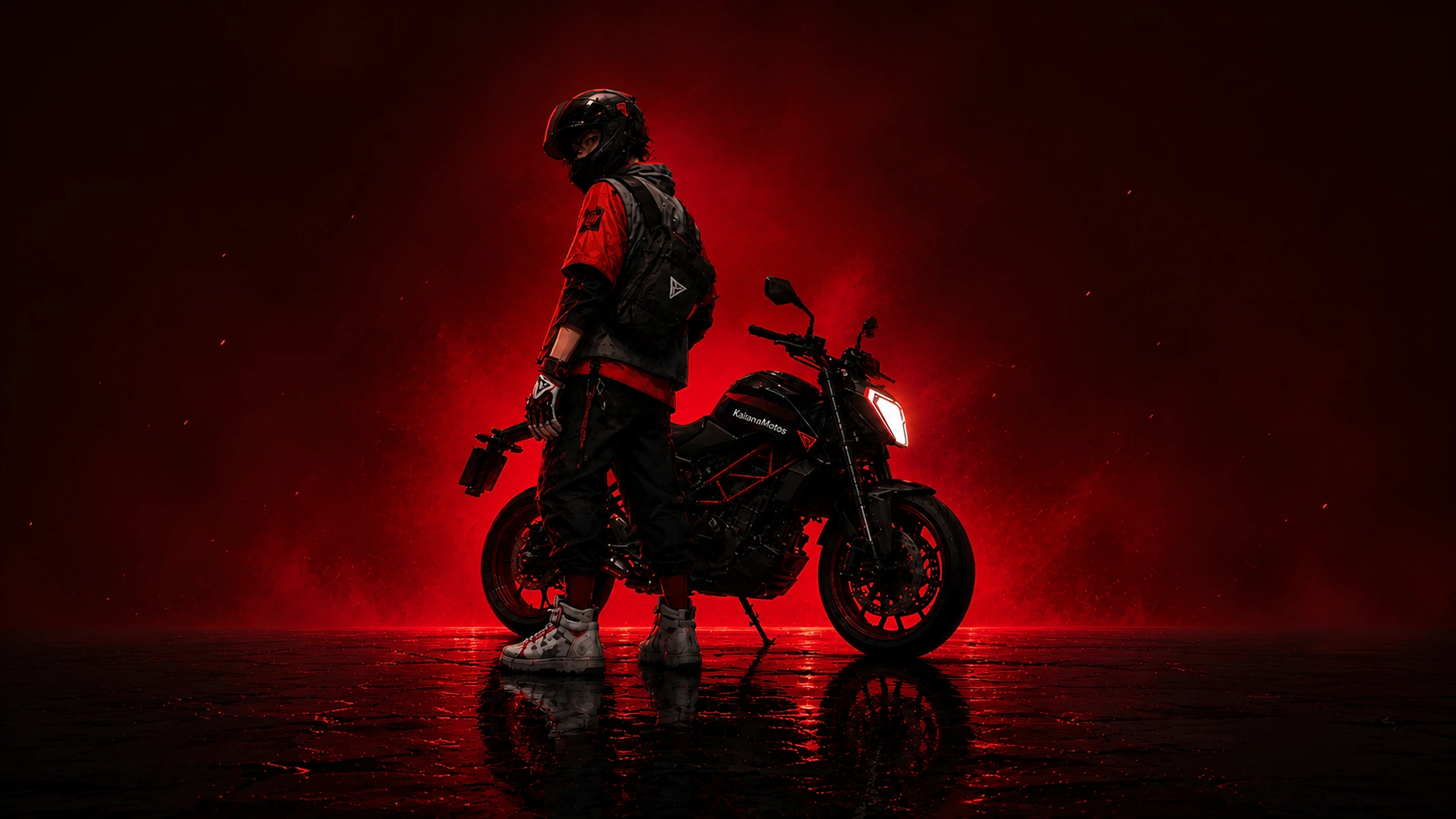 Rider Katana Motos junto a su moto bajo luz roja